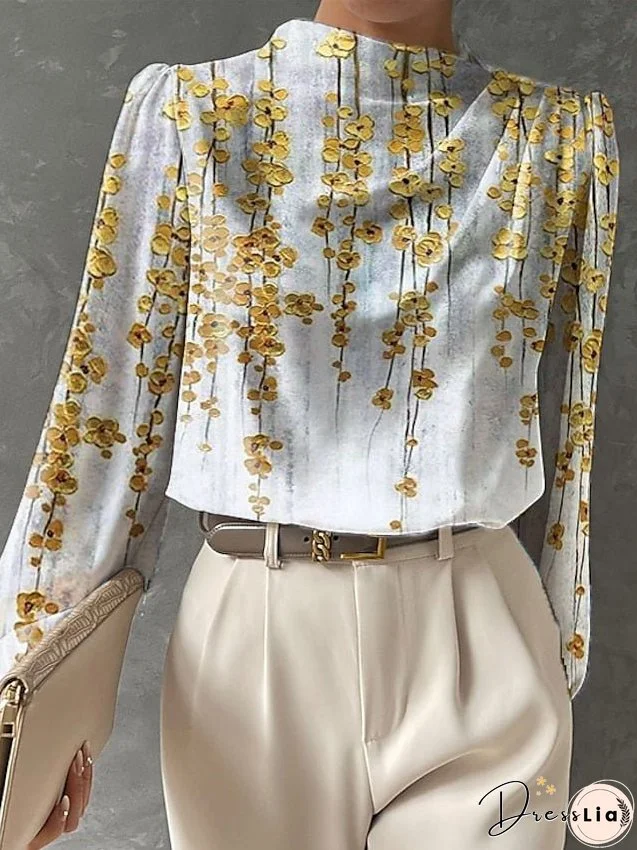 Women's Shirt Blouse Floral Yellow Red Blue Print Long Sleeve Work Fashion Round Neck Regular Fit Spring & Fall