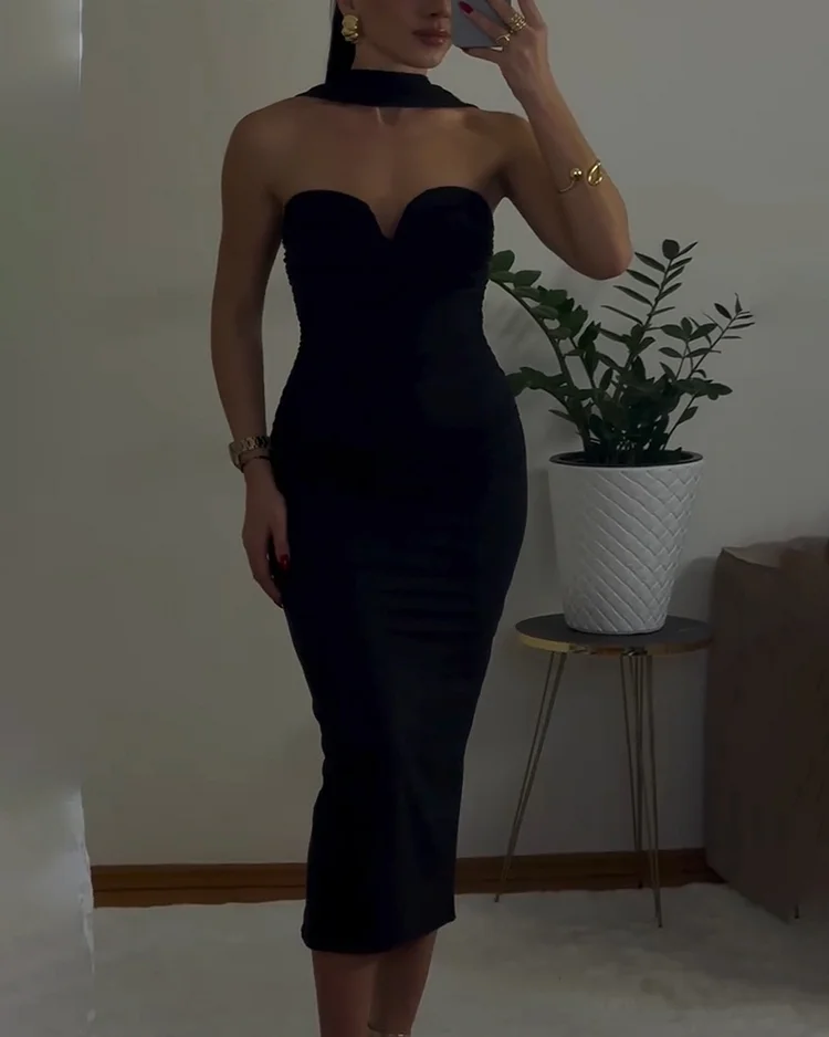 Women's tube top solid color halter neck dress