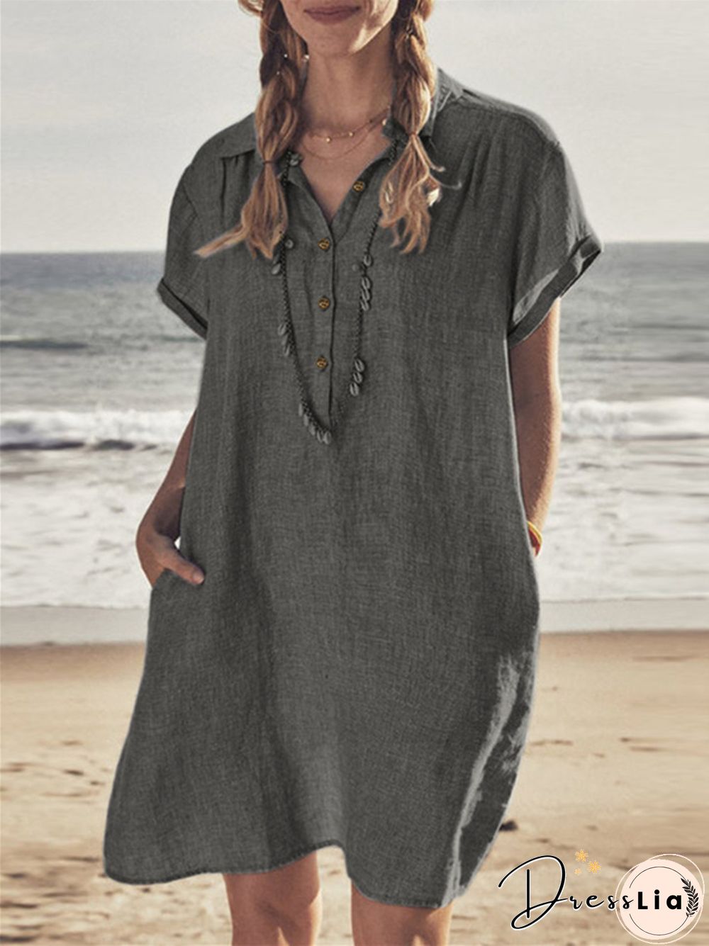 Cotton Linen Shirt Dress Pocket Dress Beach Casual Skirt