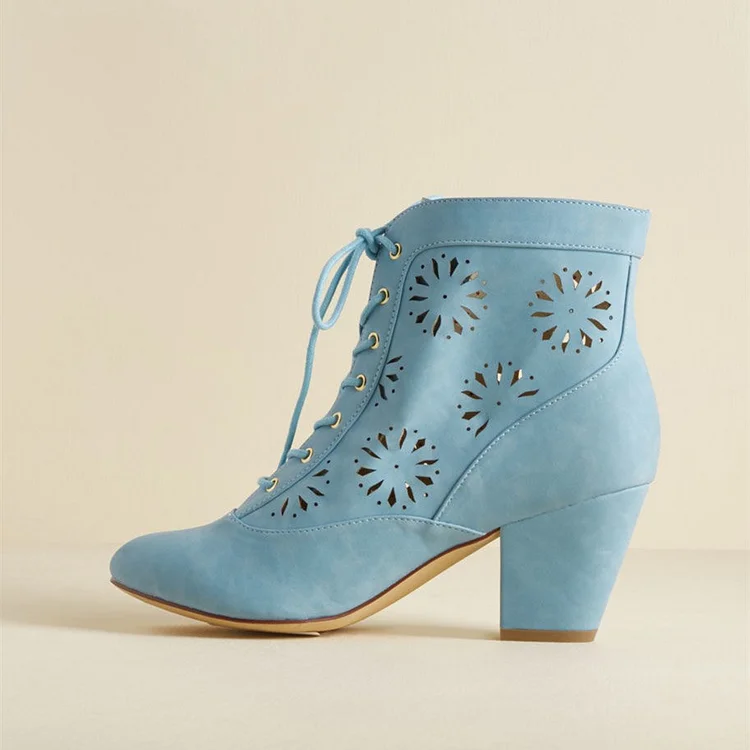Light Blue Vintage Hollow Out Lace up Ankle Booties Vdcoo