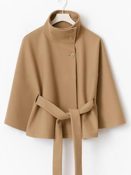Women's Plain Front Buckle Belted Woolen Cape Coat, Casual Fall & Winter Outerwear, Stylish Daily Wear for Dating, Jackets