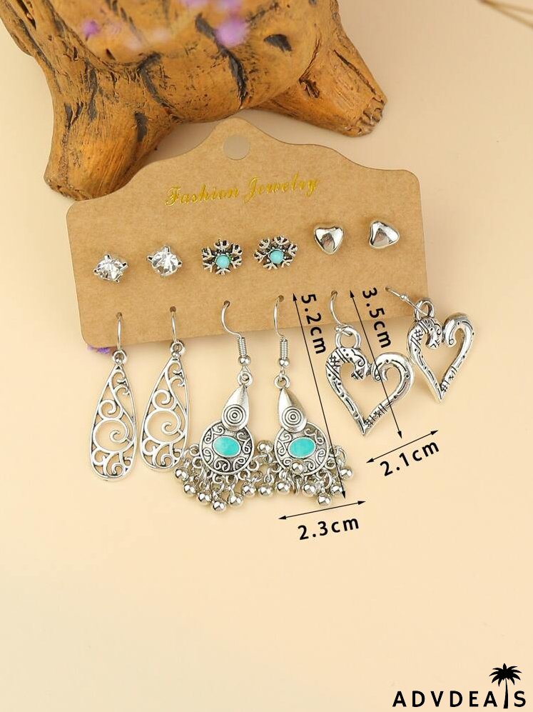 6pairs Heart Charm Hollow Out Earrings