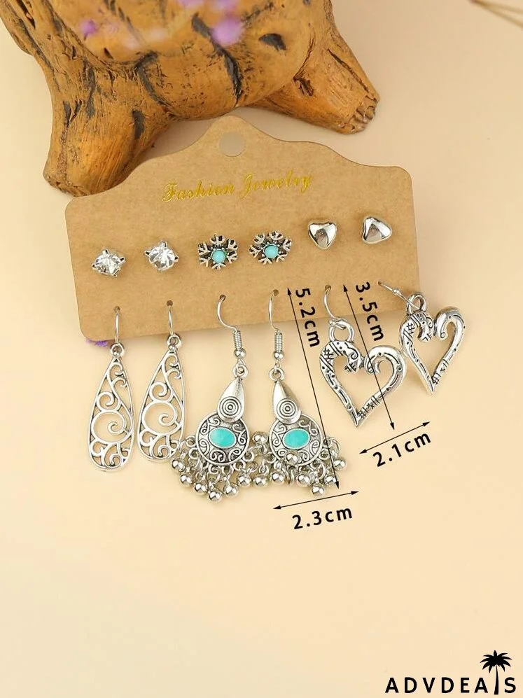 6pairs Heart Charm Hollow Out Earrings