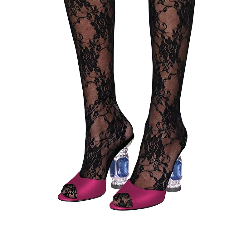 Fuchsia Peep Toe Crystal Decorative Heel Mules Sandals |FSJ Shoes