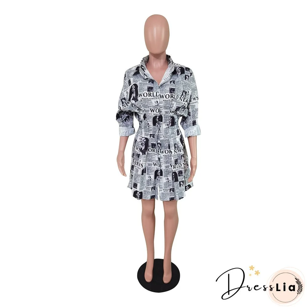 Fashion Newspaper Print Long Sleeve Women Turn Down Collar Button Up Streetwear Shirt Midi Dress