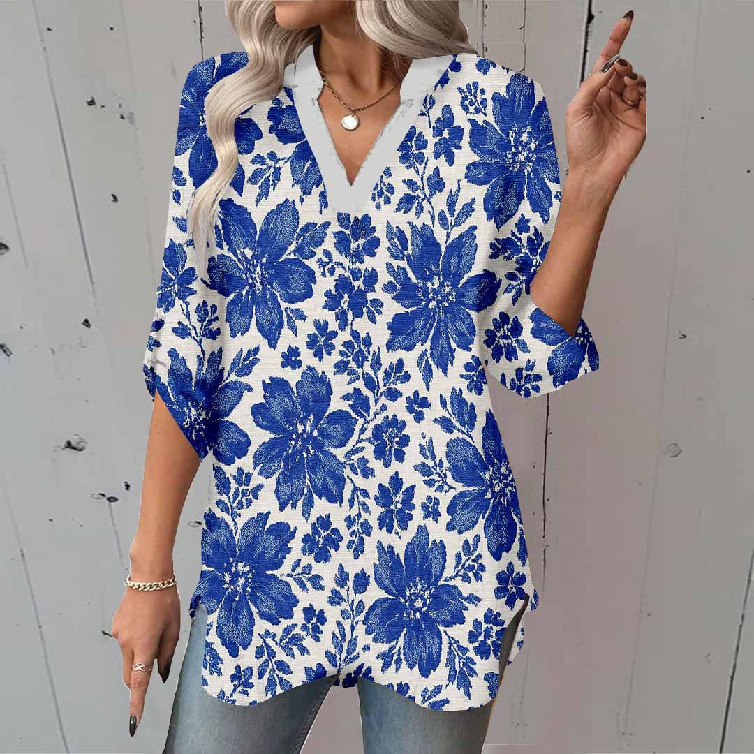 Women Floral, Blue DZGA0117 3/4 Sleeve V-neck Printed Graphic Button Tops