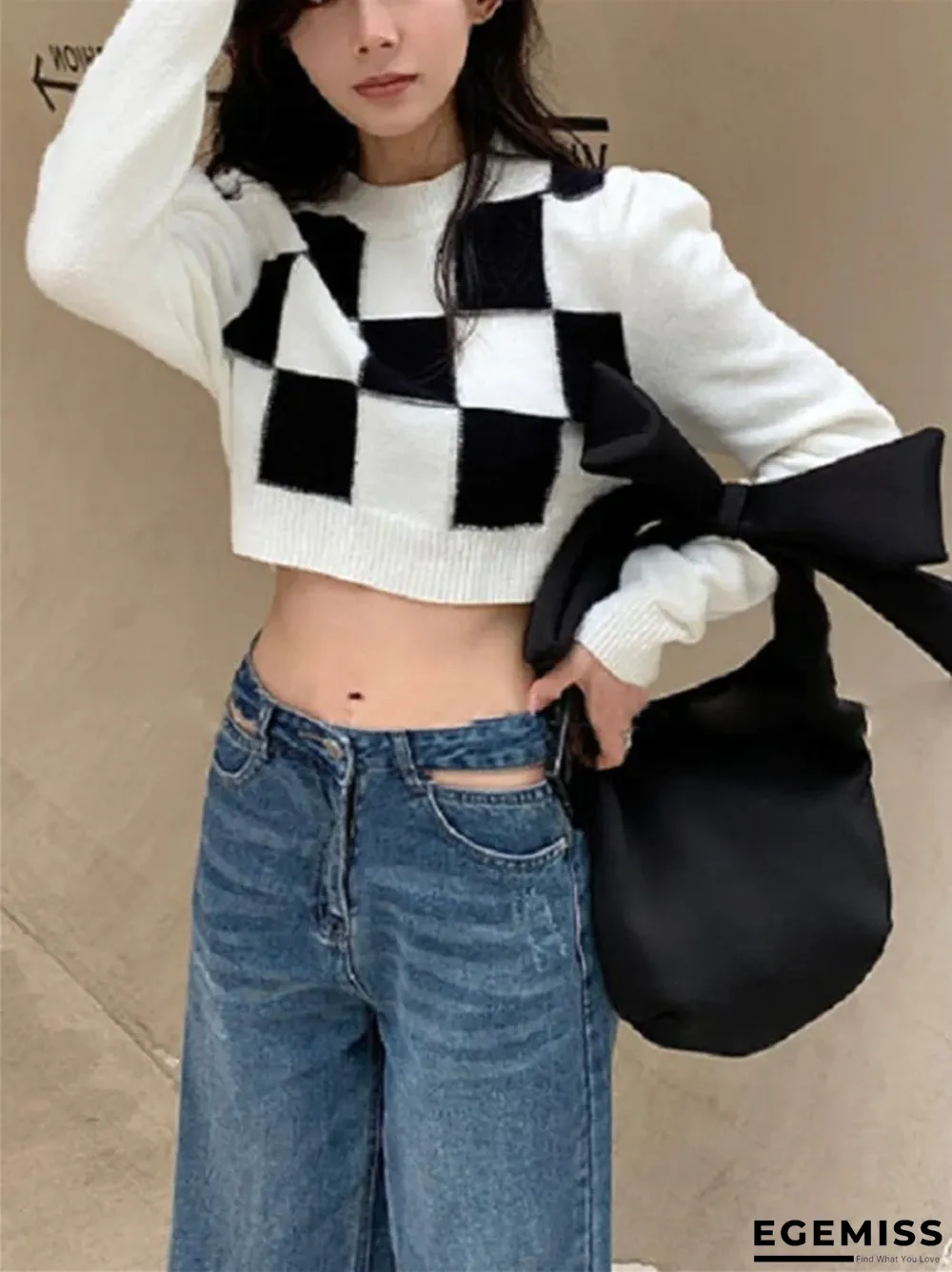 Chessboard Plaid Half High Neck Sweater | EGEMISS