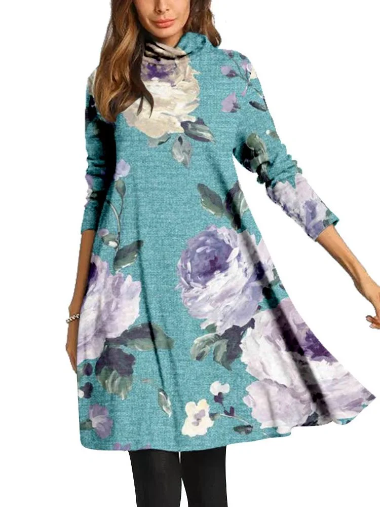 Women Long Sleeve Scoop Neck Printed Midi Dress