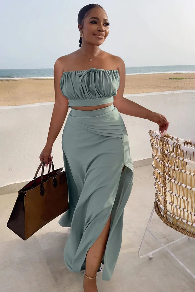 Ruched Strapless Crop Top High Slit Maxi Skirt Two Piece Set 