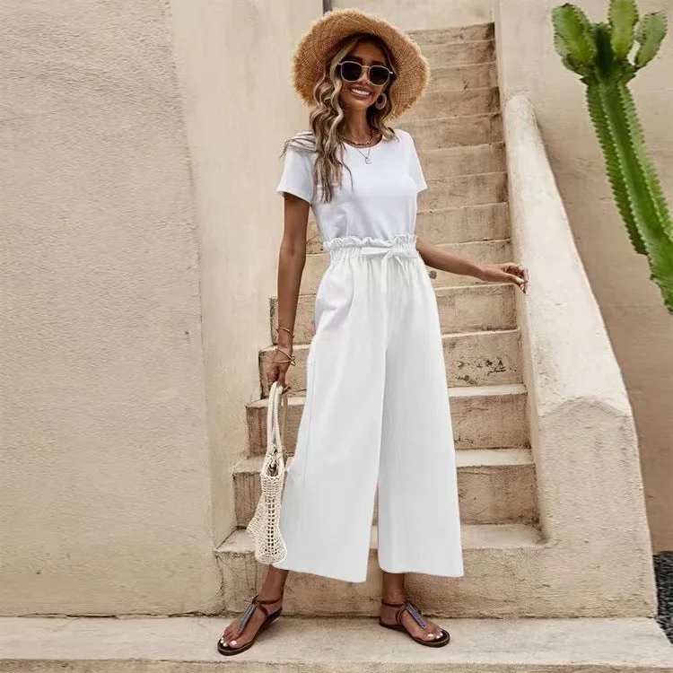 Zingj Waist Solid Color Cotton Linen Belt Wide-leg Pants