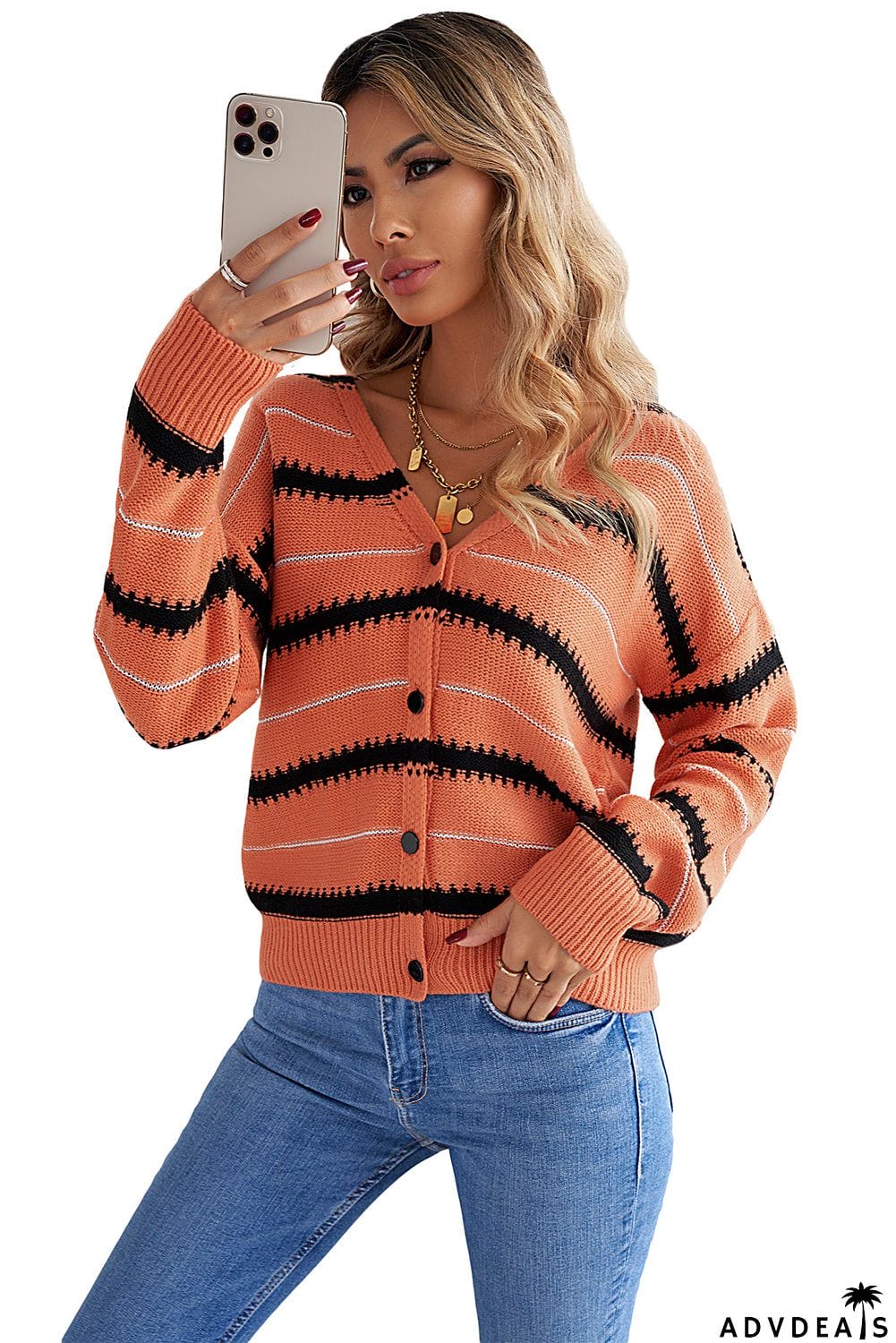 Womens Orange V Neck Stripes Colorblock Button Cardigan