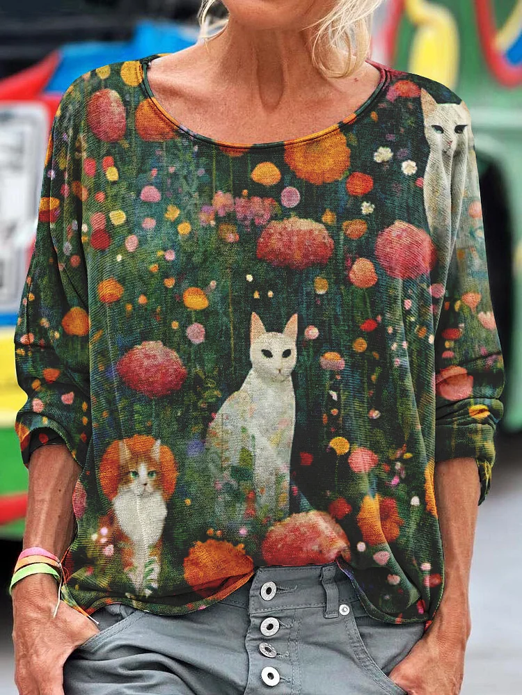 Women's Cat In The Style Of Gustav Klimt Art Printed Sweatshirt