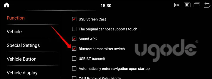 Android Function menu with Bluetooth transmitter switch enabled