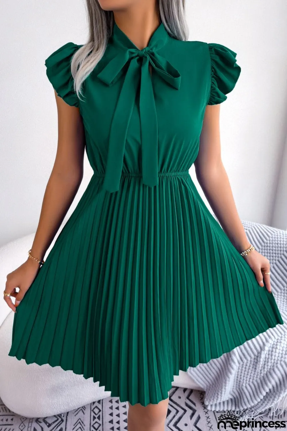 Tie Neck Butterfly Sleeve Pleated Dress