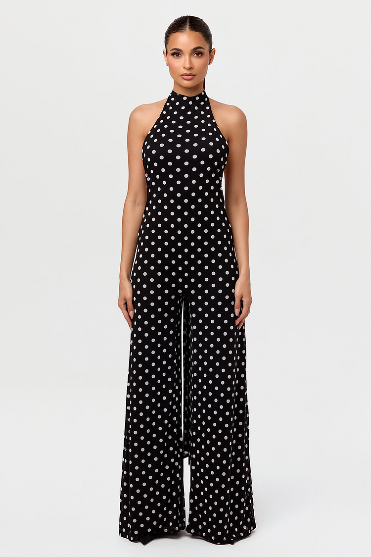 Polka Dot Print Halter Open Back Wide Leg Chiffon Jumpsuit-Black [Pre Order]