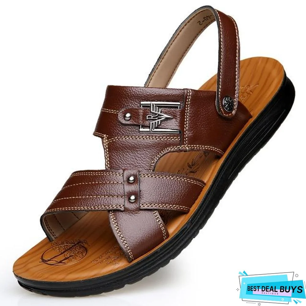 Men's Pu Leather Sandals Non-Slip Casual Beach Flats Flip Flops Sandal Shoes