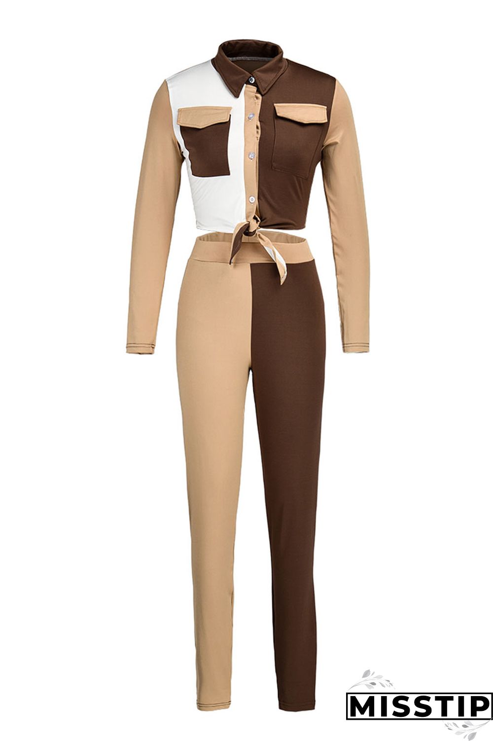 Blue Fashion Casual Patchwork Basic Turndown Collar Long Sleeve Two Pieces