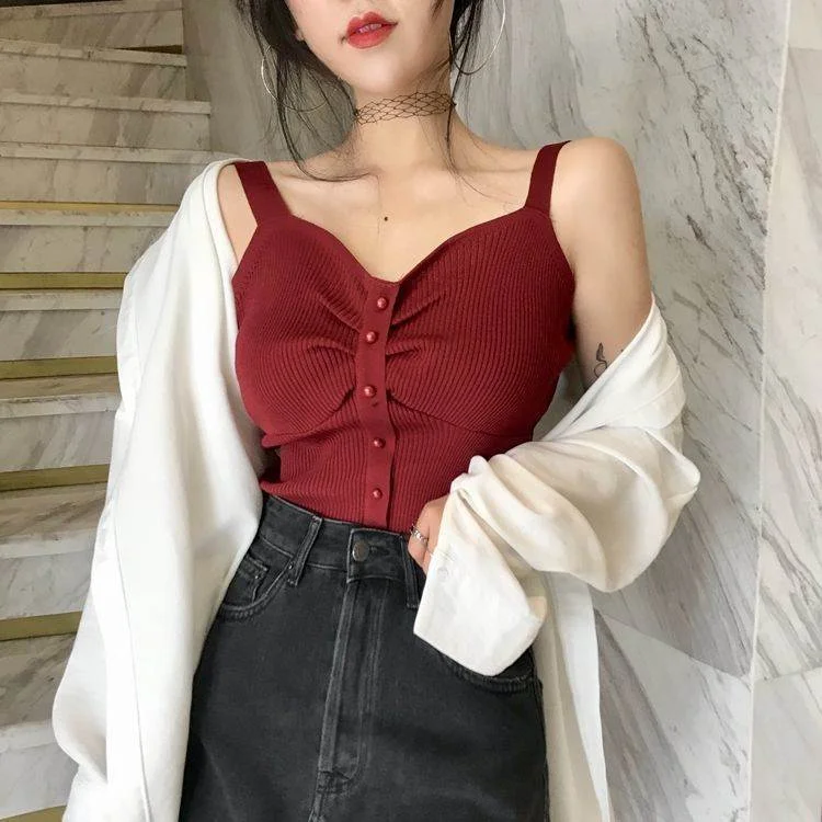 Uveng Uveng Short Sling Vest Female Hong Kong Flavor Retro Chic Korean Version Of Twisting Buckle Decorative Temperament Match Blouse Korean Tide