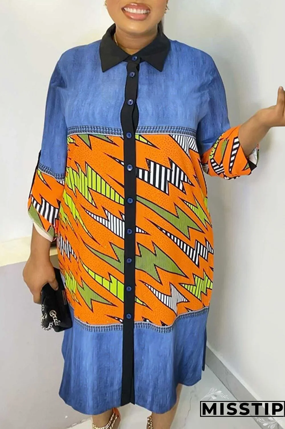 Blue Fashion Casual Print Patchwork Turndown Collar Shirt Dress Plus Size Dresses