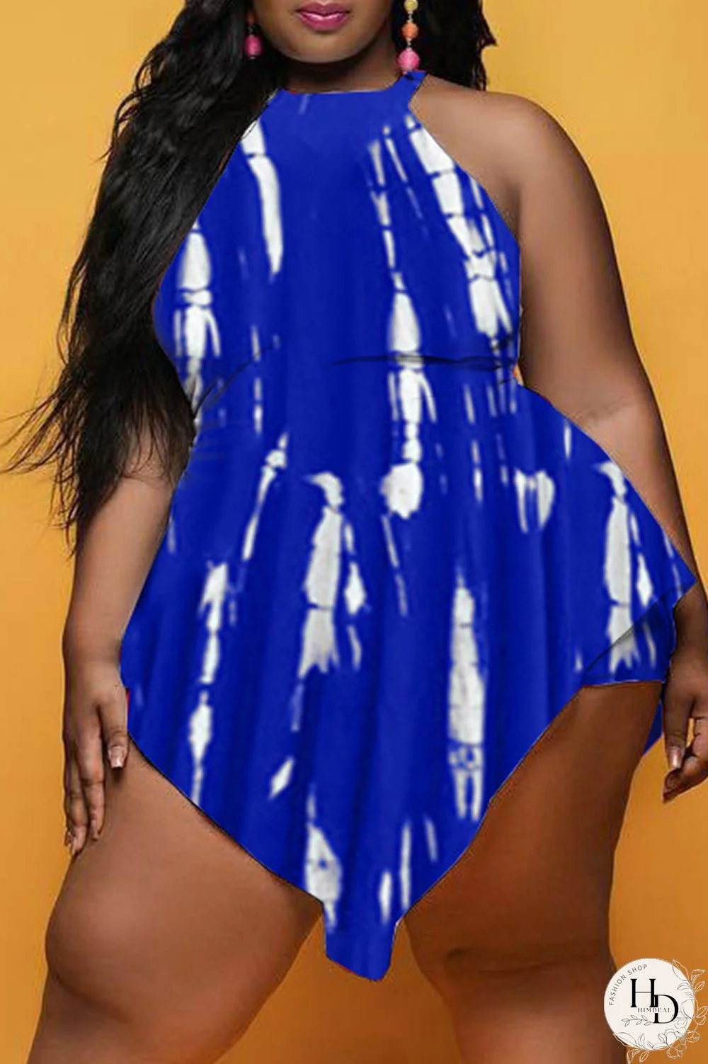 Deep Blue Fashion Casual Print Asymmetrical O Neck Plus Size Romper