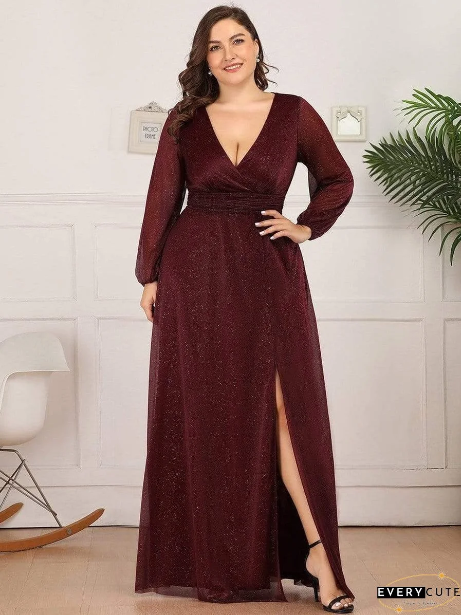 Shiny Puff Sleeve V-Neck Evening Gown for Curvy Women