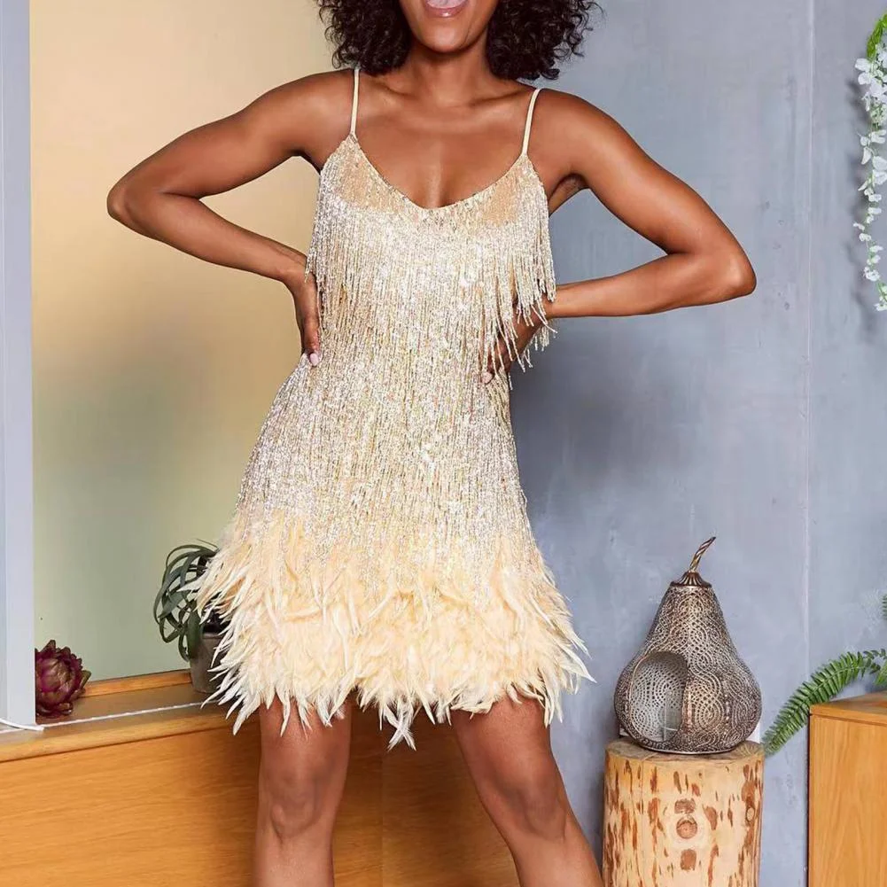 Women's Sequin Feather Dress  Spaghetti Strap Tassel Feather Evening Party Dress Slim V-Neck Off Shoulder Mini Dress