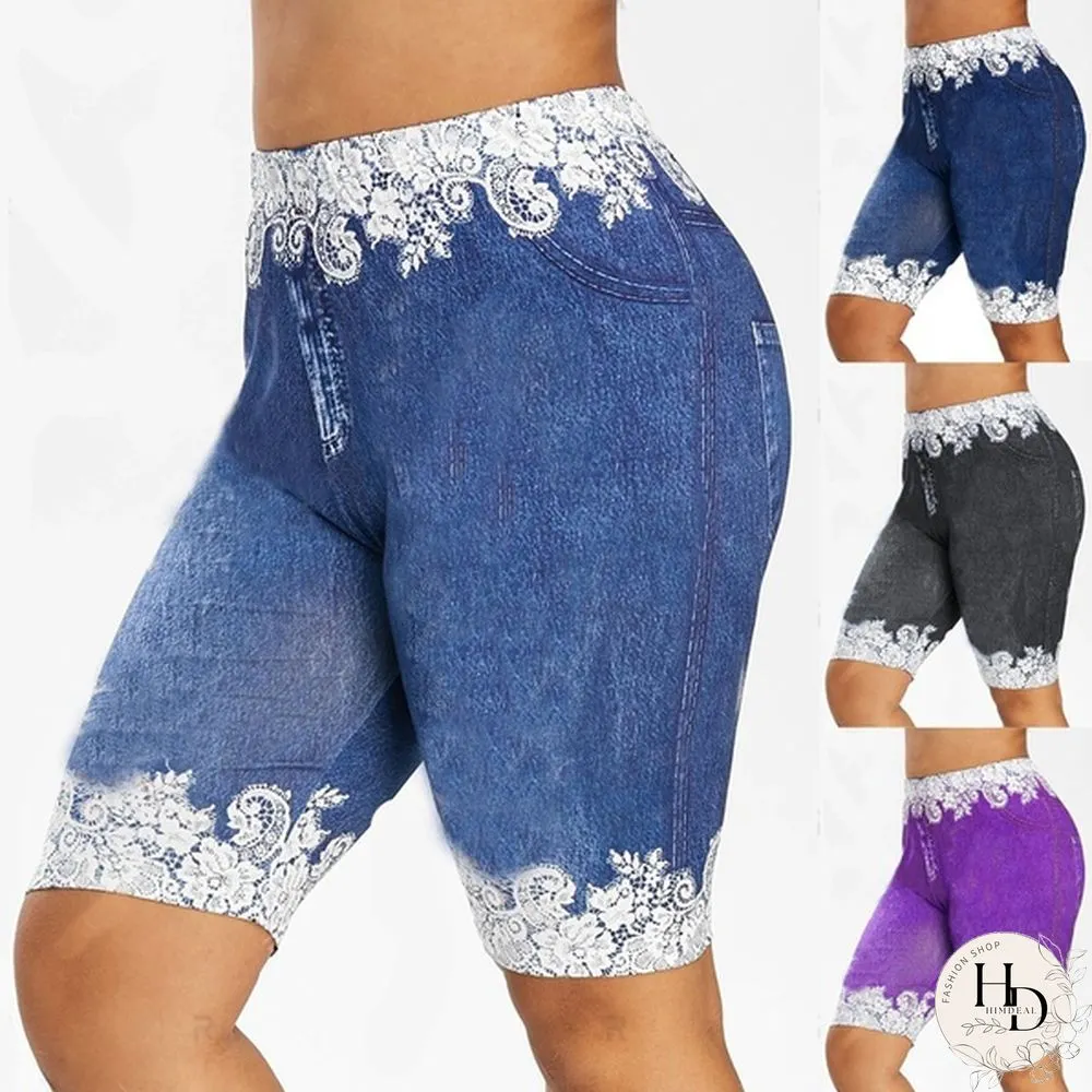 Womens Fashion New Plus Size Denim Leggings Summer Floral Printed Shorts Fitted Faux Jean