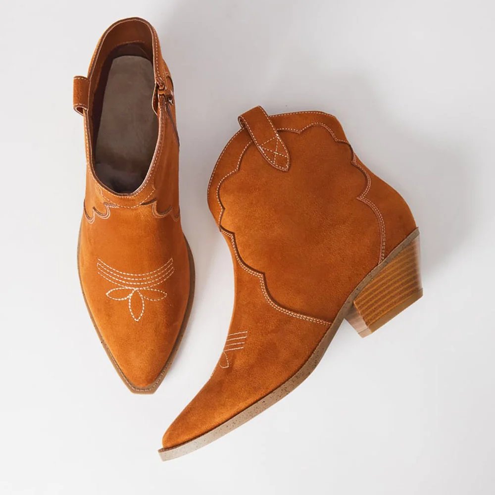 Orange Faux Suede Pointed Toe Side-Zip Cowgirl Ankle Boots With Chunky Heel Nicepairs