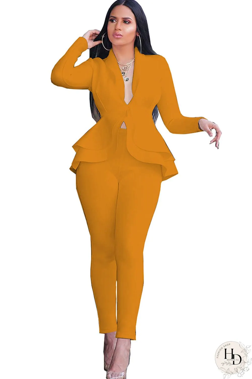 Black Casual Two Piece Suits Patchwork ruffle Solid pencil Long Sleeve