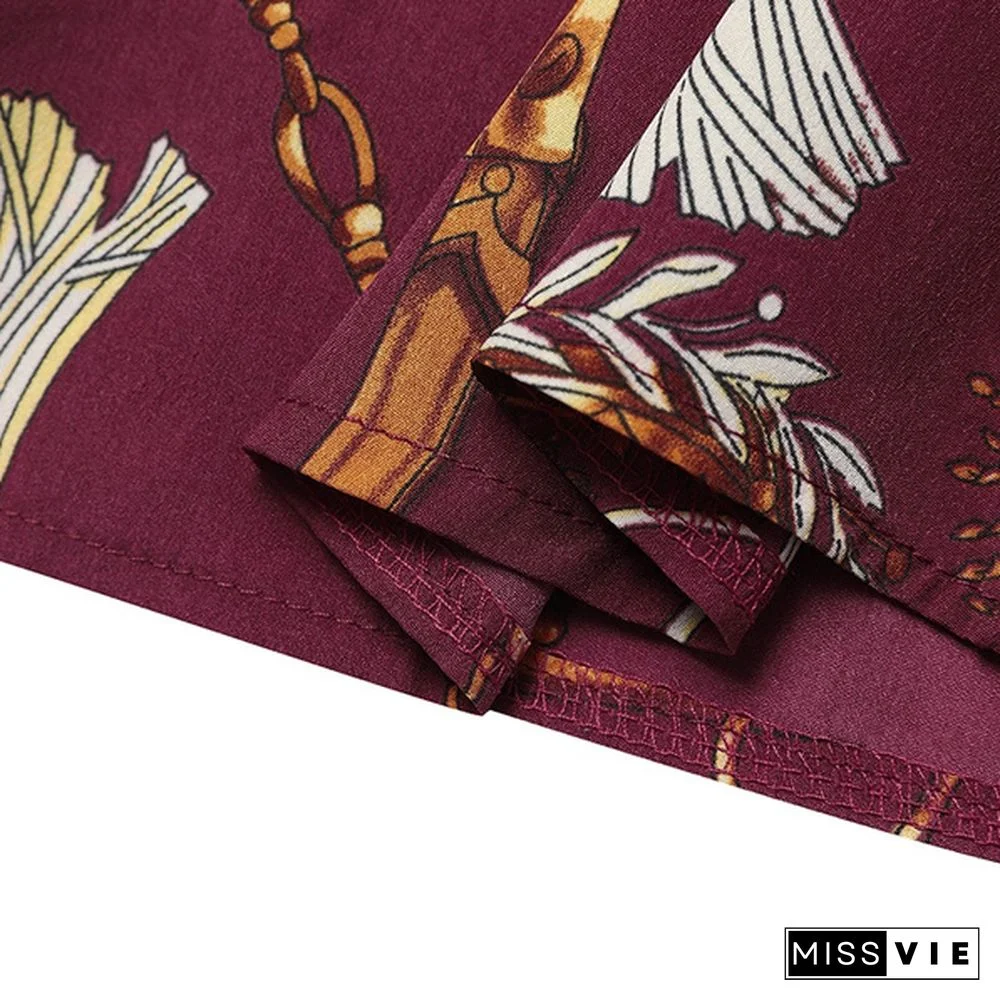 Women Long Sleeve High Collar Blouse Chain Printed Office Casual Elegant Shirt Ladies Tops Plus Size