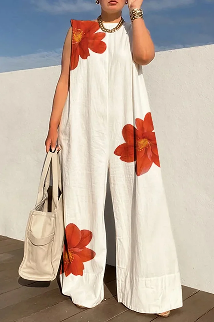 Plus Size Vacation White Casual Floral Round Neck Wide Leg Jumpsuits 2024 - Xpluswear