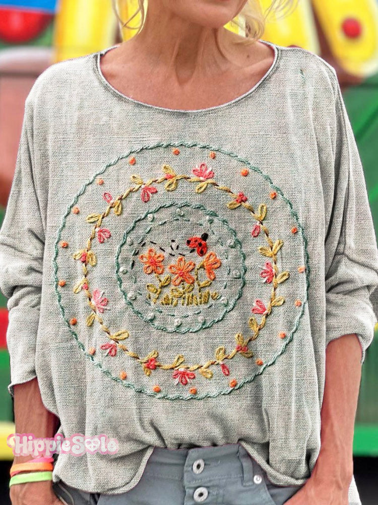 Vintage Embroidered Floral Totem Art Print Casual Long Sleeve T-Shirt Multicolor / S