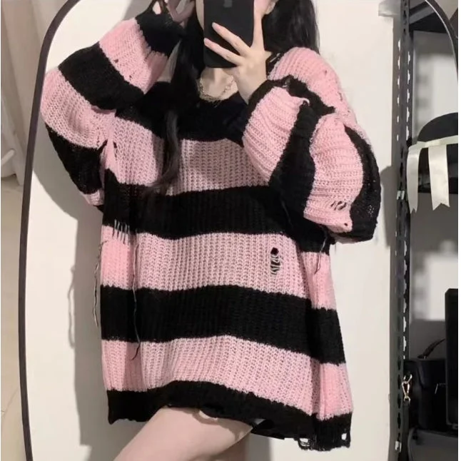 Grunge egirl Style Black Pink Stripes Fashion Sweater SP18744