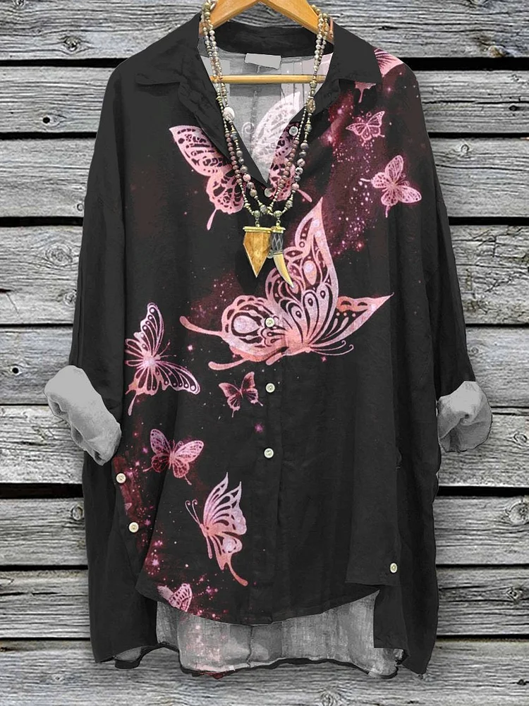 Women's Vintage Butterfly Print Casual Cotton And Linen Shirt