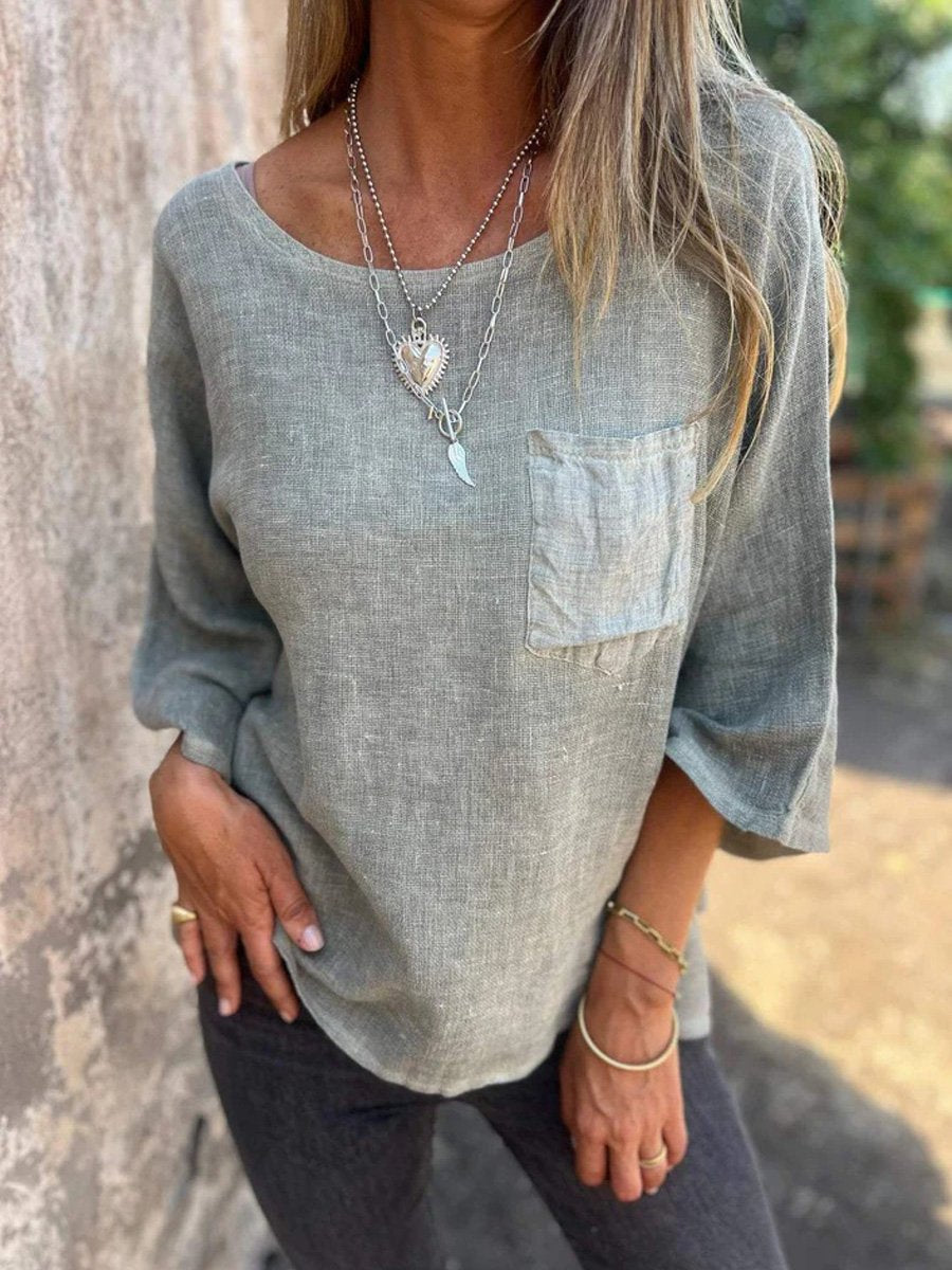 Women's Cotton And Linen Round Neck Shirt with Pockets