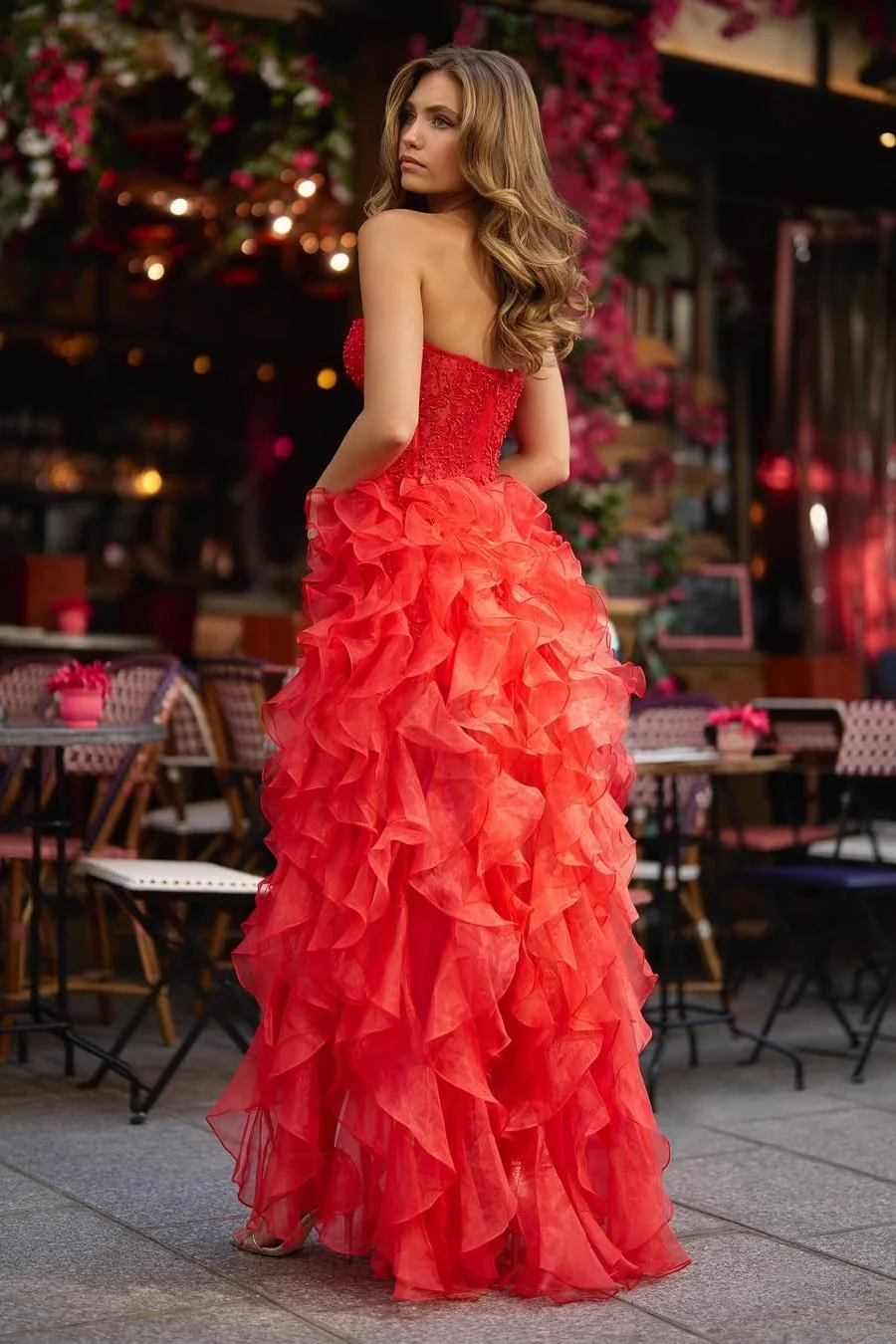 Miabel Stunning Red Sweetheart Strapless Sleeveless Split Ruffles Prom Dress with Beadings 