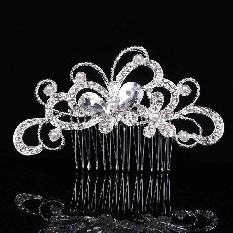 Bridal Crown Flower Alloy Plating Hollow Out Inlay Rhinestones Pearl Insert Comb 1 Piece