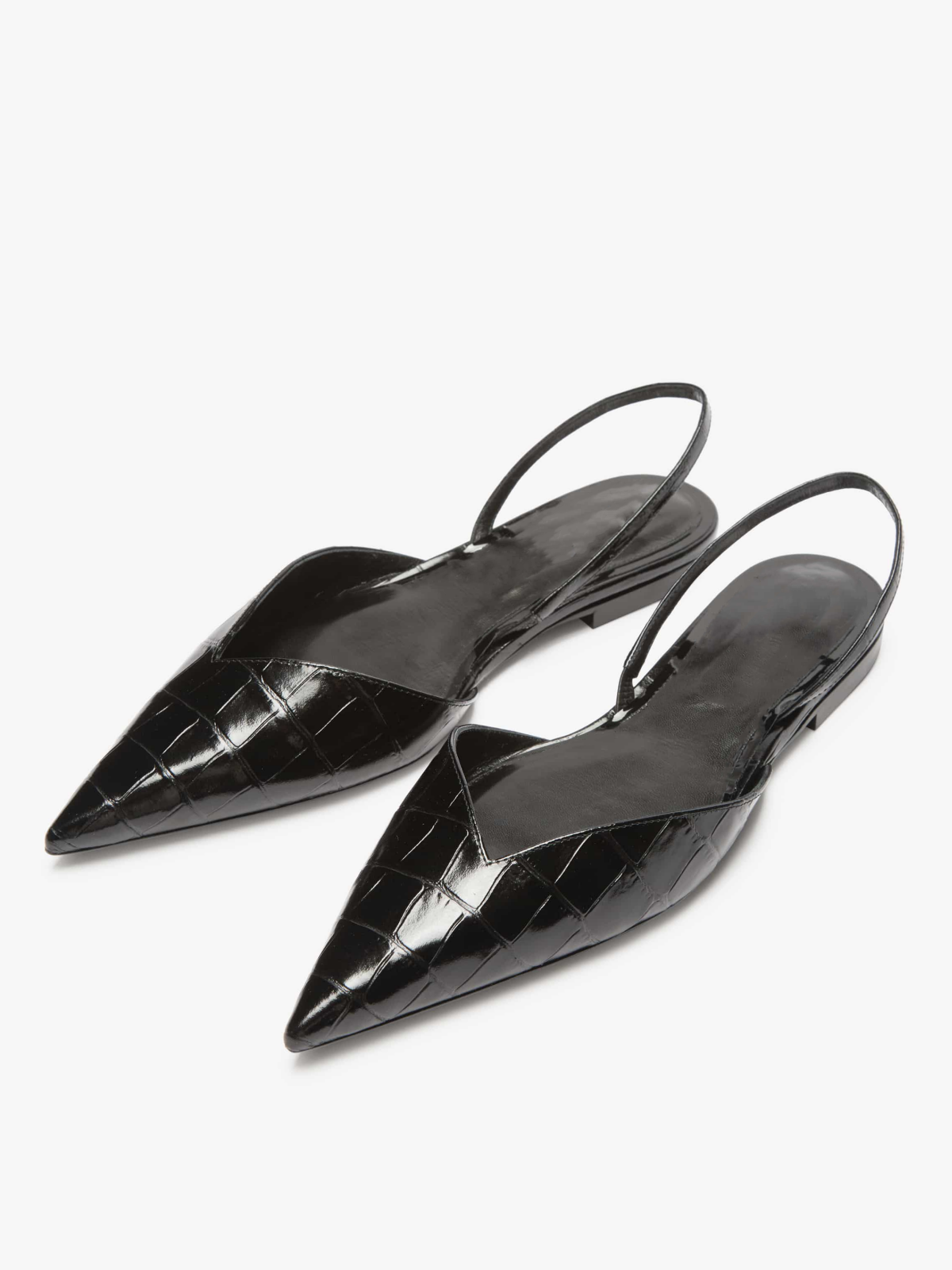 GOOSHOE Black Crocodile Embossed Pointy Comfy Slingback Flats