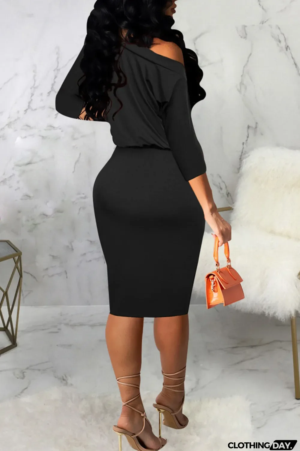 Black Casual Solid Split Joint Off the Shoulder One Step Skirt Dresses