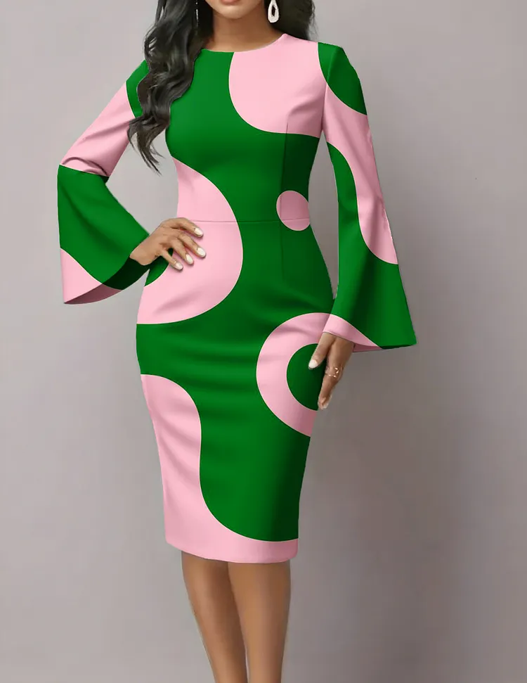 Women's Fashion Pink And Green Sisterhood Art Print Flared Sleeves Midi Bodycon Dresses