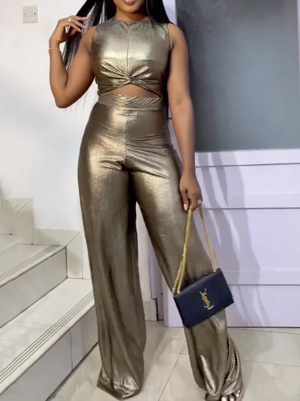Twist Hollow Metallic Solid Color Empire Sleeveless Round-Neck Jumpsuits