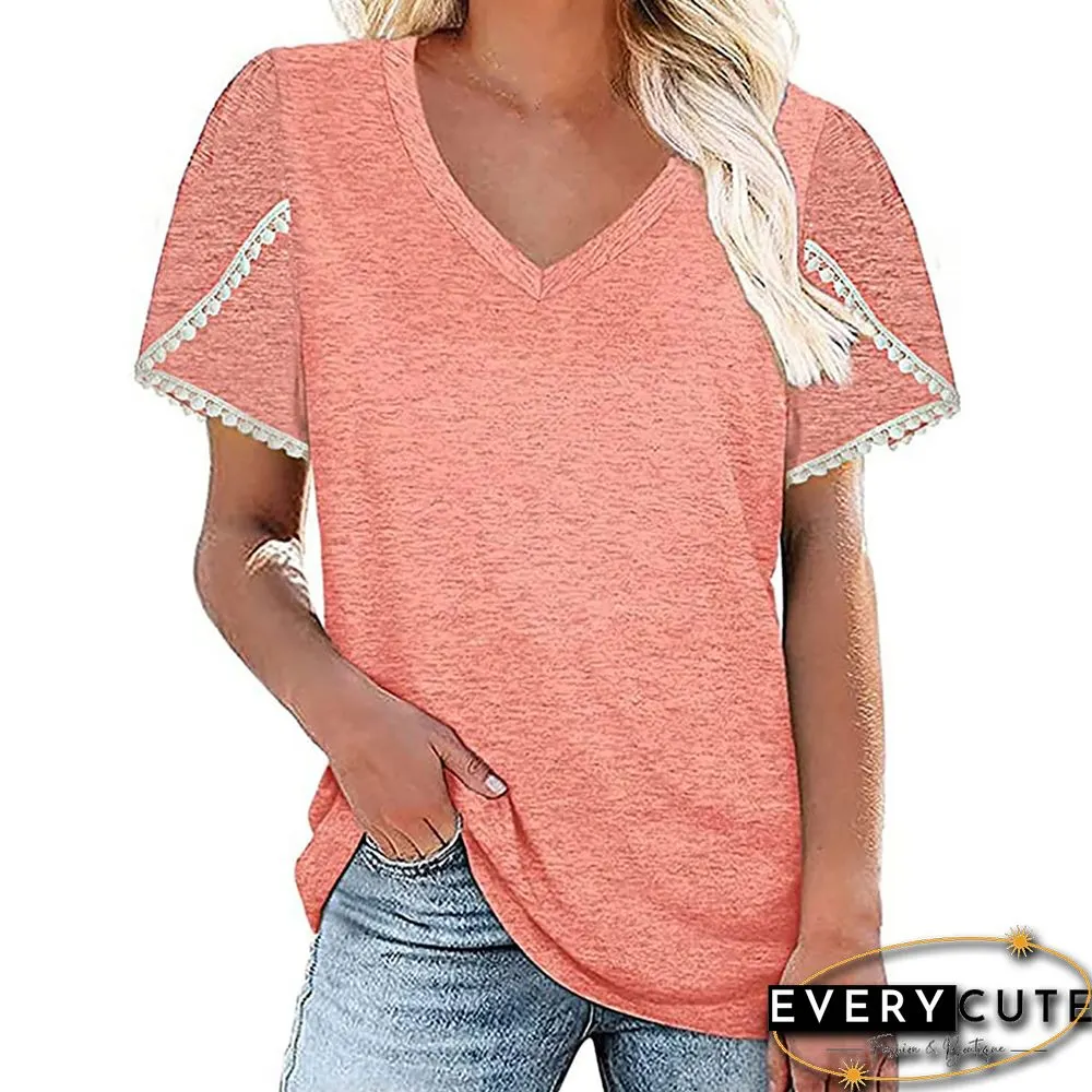 Pink V Neckline Short Sleeve T-shirt