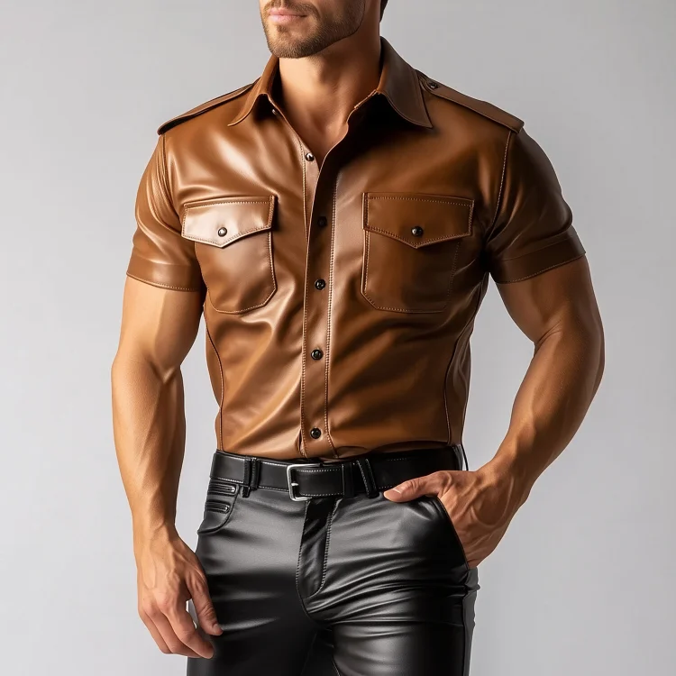 Okaywear Short Sleeve Button Flap Pocket PU Leather Shirt 