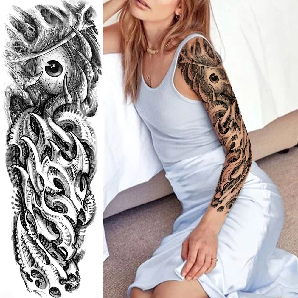 Sdrawing Totem Tattoo Arm Sleeve For Men Women Adult Realistic Fake Skeleton King Temporary Tattoo Evil Eye Demon Death Skull Tatoo