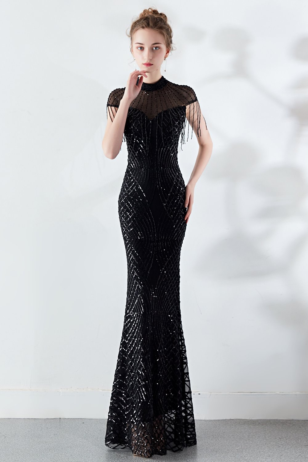 sexy black mermaid sequins prom dress with tassels