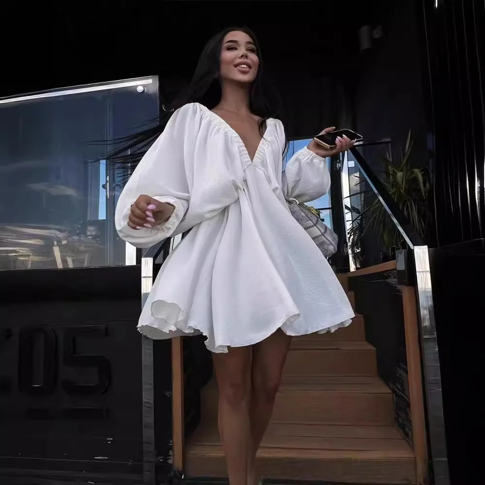 Nigikala Nigikala Autumn Women's Skirt Lantern Sleeve V Collar Sexy Temperament High-End French Retro Dress