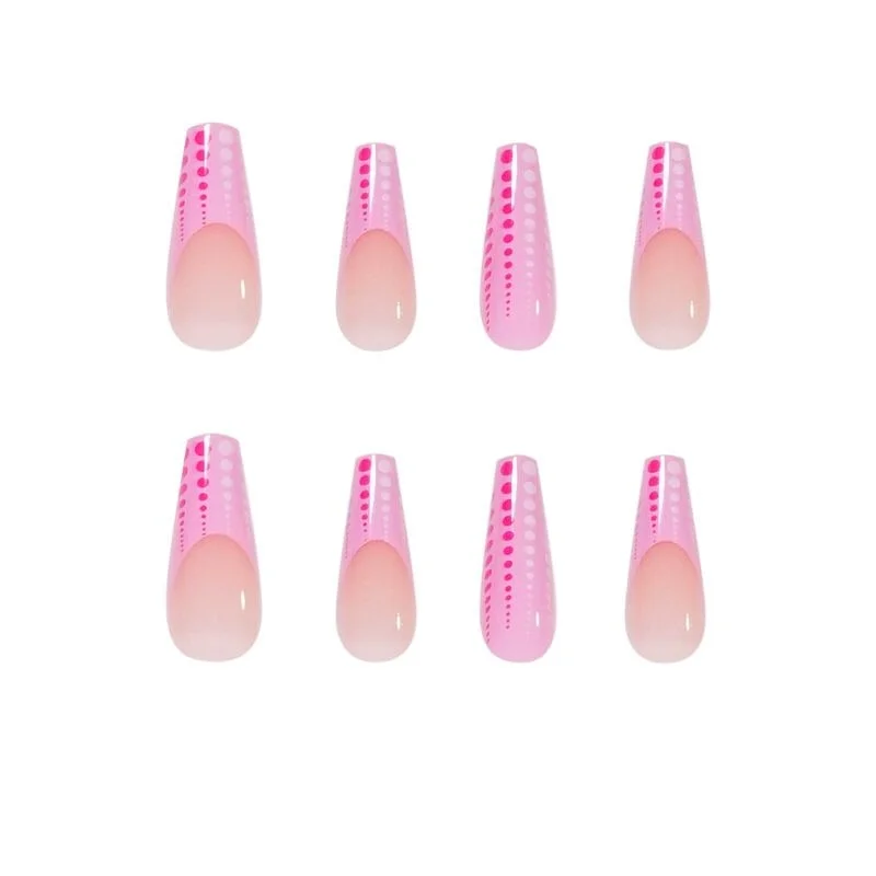 24pcs/Set French False Nails Cute Polka Pot Pattern Coffin Fake Nails Long Mixed Pink Full Ballerina Nail Decoration Art Tips-Nail Inspo