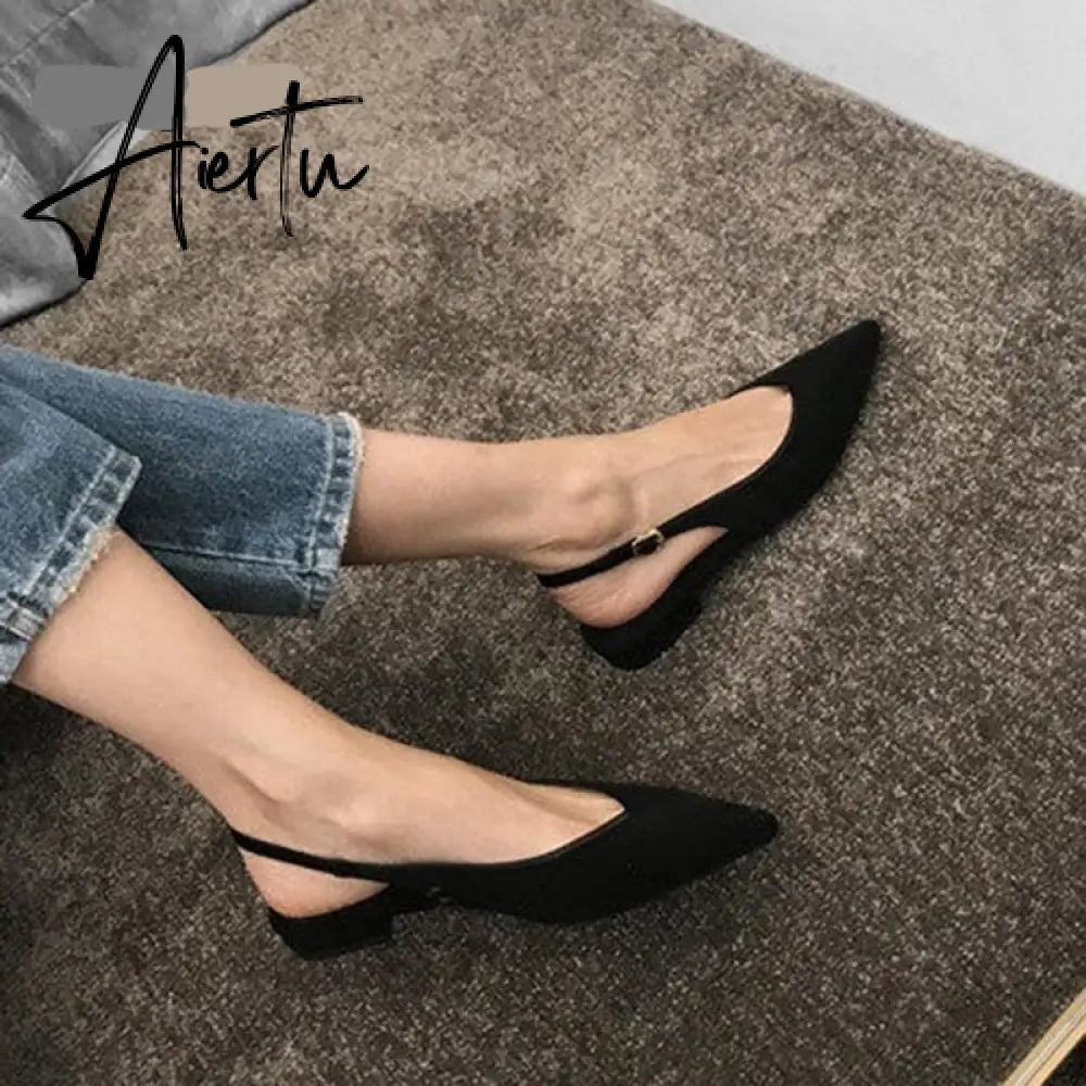 Aiertu Black Low Heels Women Pumps Buckle Flock Dress Casual Ladies Shoes Pointed Toe Slingbacks Spring Large 41 Court Shoes Aiertu