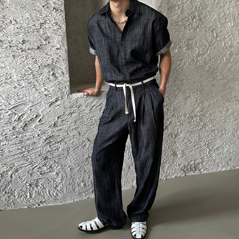 Men's Linen Lapel Short Sleeve Shirt Loose Casual Pants Dark Blue Set