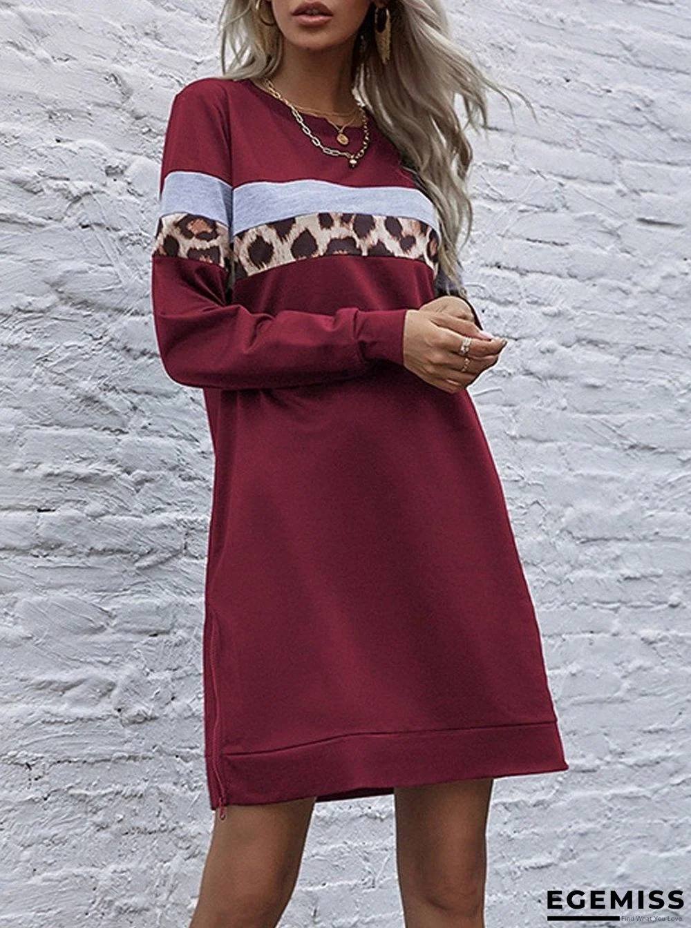 Autumn Leopard Print Mid-length Loose Round Neck Dress Black Dresses | EGEMISS